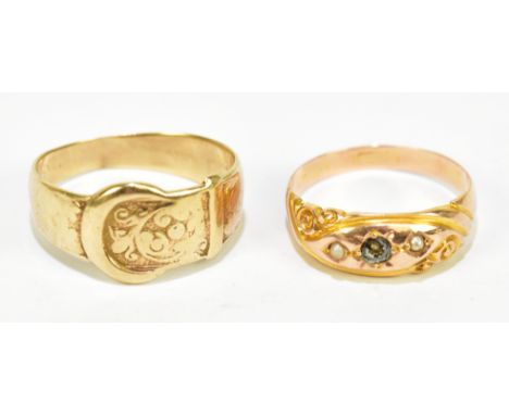 A 9ct yellow gold buckle ring, approx size R, together with a 9ct yellow gold ring set with seed pearls (lacking central ston