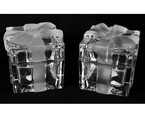 TIFFANY &amp; CO; two lead crystal glass trinket boxes with frosted bow ribbons to top and side, stamped 'Tiffany &amp; Co' t