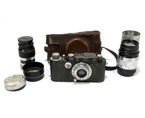 LEICA; a MKIII camerca, no.217810, with a Leitz Elmar 5cm lens, in leather case, with a Ernst Leitz Wetzlar 9cm lens, no.2954