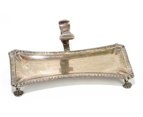 EBENEZER COKER; a George III hallmarked silver pen tray of shaped rectangular form with C-scrolling handle on four open shell