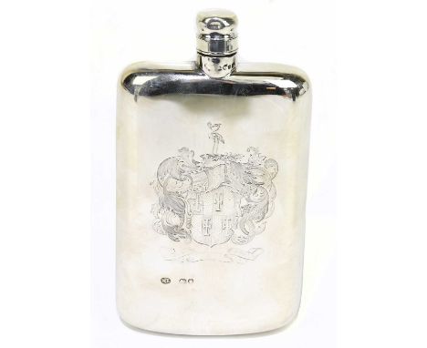 WILLIAM LEUCHARS; a Victorian hallmarked silver hip flask, with engraved coat of arms to the front, London 1879, weight 6.22o