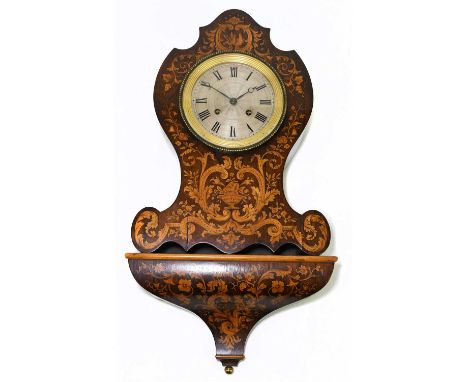 A late 19th century French marquetry inlaid rosewood wall clock with integral shaped bracket, the shaped pediment above the t