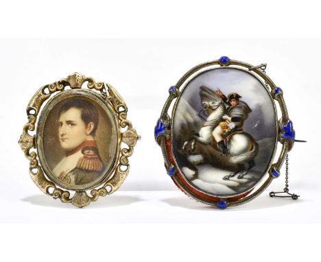 A white metal and blue enamel porcelain oval plaque brooch depicting Napoleon upon horseback, and a yellow metal framed oval 