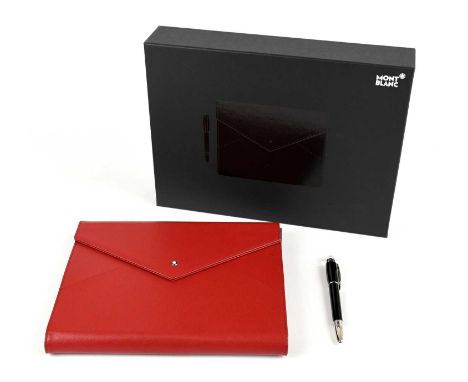 MONTBLANC; an unused Sartorial red leather Augmented paper and Star Walker black ballpoint pen set which includes an A4 lined