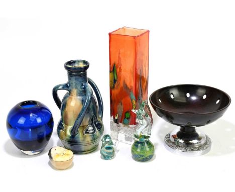 A small collection of glassware and ceramics to include a Belgian art pottery three handled vase, a footed bowl with bakelite