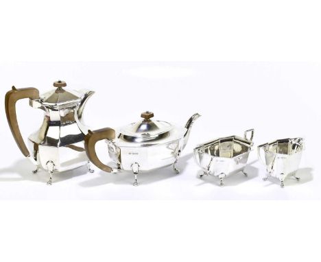 VINERS; a George V hallmarked silver four piece tea service with panelled decoration, Sheffield 1932, total weight 54.28ozt/1