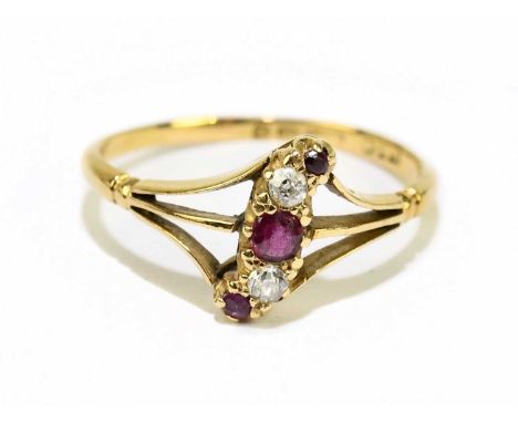 An 18ct yellow gold ruby and diamond five stone ring of pierced swept design, size Q, approx, 2.5g.