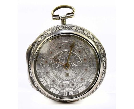 CHARLES GOODE OF LONDON; a George II hallmarked silver cased key wind pair cased pocket watch, the outer case repoussé decora