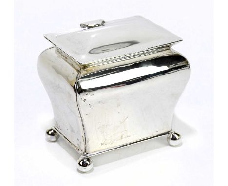 MARTIN, HALL &amp; CO; a George V hallmarked silver tea caddy of shaped square form on four ball feet, Sheffield 1924 (probab
