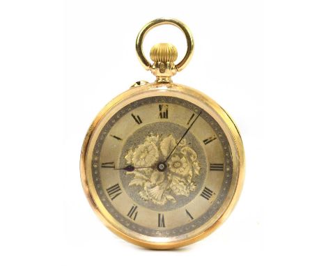 A 18ct yellow gold crown wind open face pocket watch, the dials set with Roman numerals and filigree centre, diameter 32 mm, 