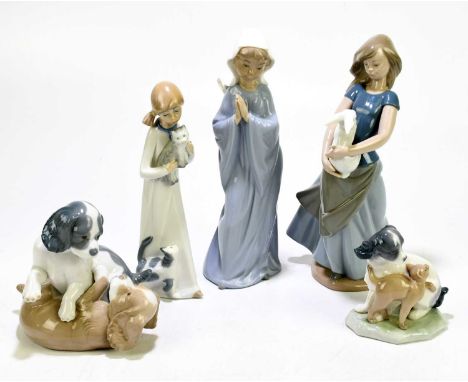 NAO; five assorted figures and models to include a girl clutching a rabbit, height 28cm, and two models of dogs (5).