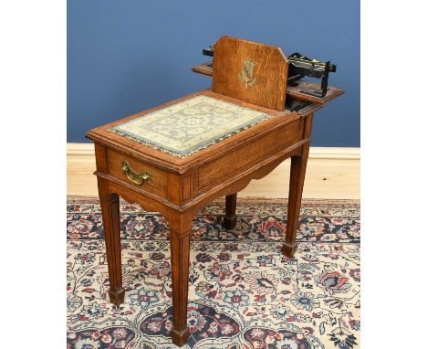 W&amp;T AVERY; a set of late 19th/early 20th century oak framed jockey scales with tapestry seat and brass frame, on tapering