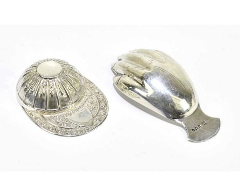 FRANCIS HOWARD; a modern hallmarked silver jockey cap caddy spoon, Shefffield 1973, length 5cm, and a second silver caddy spo