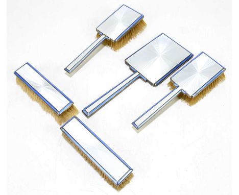 D BROS; a George VI hallmarked silver and guilloche enamel five piece dressing table set, Birmingham 1937 (5). 