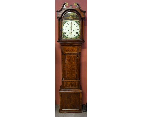 A 19th century eight day longcase clock, the painted dial set with a landscape scene above the painted chapter ring bearing R