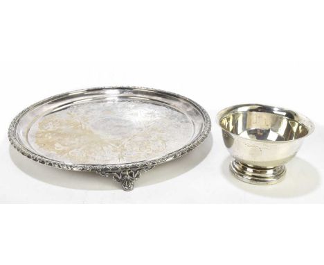 POOLE; a sterling silver footed bowl, approx weight 2.78ozt/86g, together with a Mappin Bros silver plated salver (2).