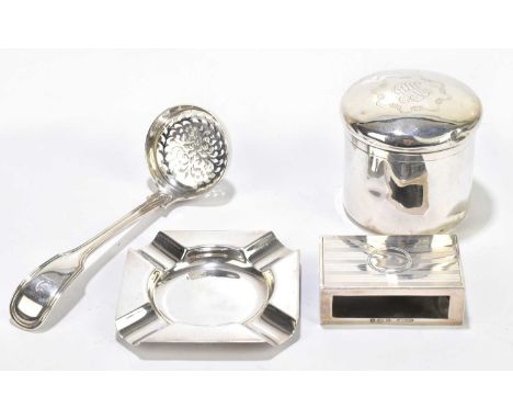 WILLIAM TURTON (PROBABLY); a George II hallmarked silver sifting spoon, London, 1756, with a hallmarked silver ashtray, match