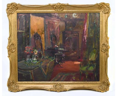 † THEODORE CHARLES BASIL HITCHCOCK (1892-1953); oil on board, 'The Tapestry Room', signed lower left, 41 x 34cm, framed.