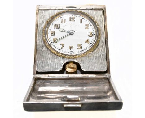GOLDSMITHS &amp; SILVERSMITH CO; a George V hallmarked silver travelling clock, with engine turned decoration to the case, th