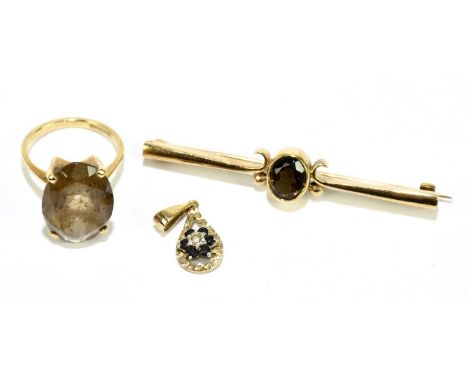 A 9ct yellow gold bar brooch, length approx. 55mm, a 9ct yellow gold citrine ring, size K 1/2, and a 9ct yellow gold pendant,