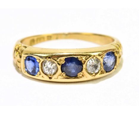 An 18ct yellow gold sapphire and diamond five stone ring, size K, approx. 4.8g. 