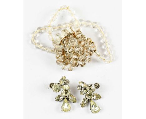 CHRISTIAN DIOR; a vintage 1950s Mitchel Maer gold tone brooch embellished with glass beads, signed to back, and a pair of Mit