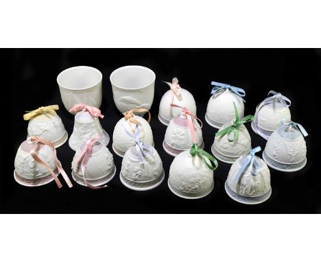 LLADRO; a collection of fourteen ceramic bells, various colours and styles, many year bells and two Lladro cups, one decorate