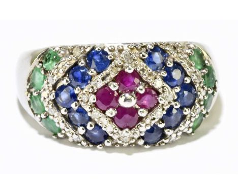 A 9ct white gold multi gem set broad ring, size N 1/2, approx. 6.2g. 