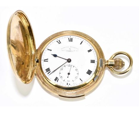 A gold plated crown wind quarter repeating full Hunter pocket watch, with white enamel dial inscribed 'Thos. Russell &amp; So
