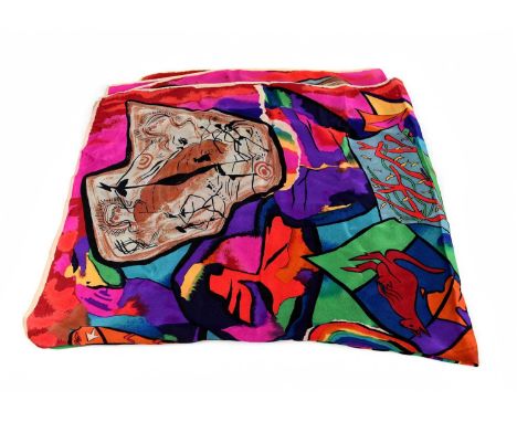 JENNY KEE; a large multi-coloured 100% silk scarf depicting Australian animals and Aboriginal artwork, signed to base 'J. Kee