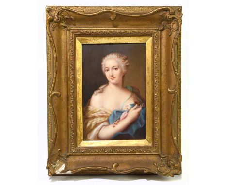 A 19th century French porcelain plaque, possibly Paris Porcelain, hand painted with the image of Jeanne Antoinette Poisson (M