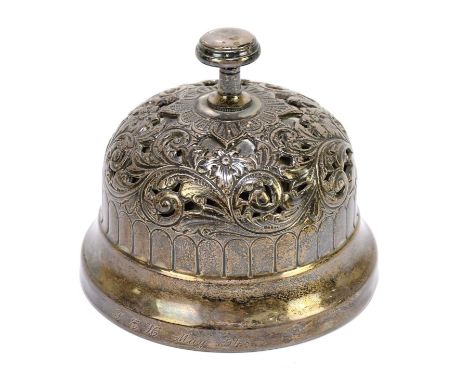 JAMES DIXON &amp; SONS; an Edward VII hallmarked silver desk bell with pierced scrolling and floral decoration, Sheffield 190