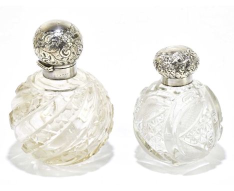 ALEXANDER CLARKE MANUFACTURING CO; a hallmarked silver mounted cut glass globular scent, the lid with floral detailing, Birmi