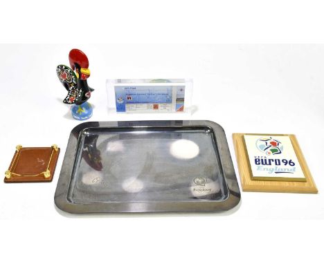 ENGLAND, UEFA EURO FOOTBALL; a silver plated tray inscribed 'From The Swiss Federation for Euro 2004 Portugal', width 38cm, a