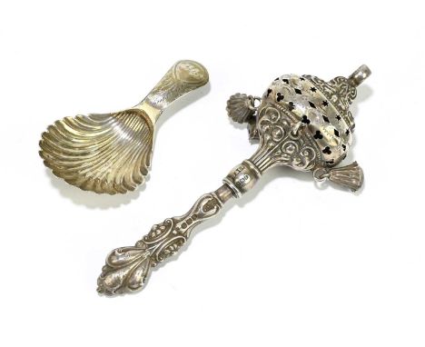 STEINHART &amp; CO; an Edwardian hallmarked silver baby rattle, Birmingham 1905, together with a hallmarked silver tea caddy 