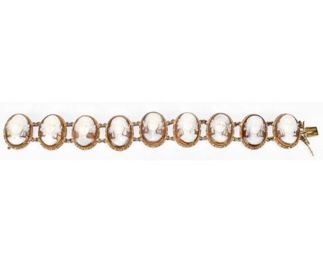 A 9ct yellow gold cameo bracelet formed of nine oval portrait plaques depicting young women. length 18.5cm, approx 34.5g.Cond