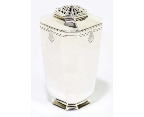 VINERS LIMITED; a George VI hallmarked silver Art Deco sugar caster of square panelled form with chased geometric motifs, She
