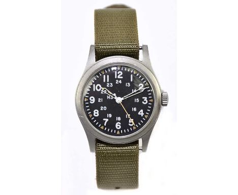 HAMILTON; a 1980s US Army issue stainless steel wristwatch with Arabic numerals to the dial, with military bracelet, and also
