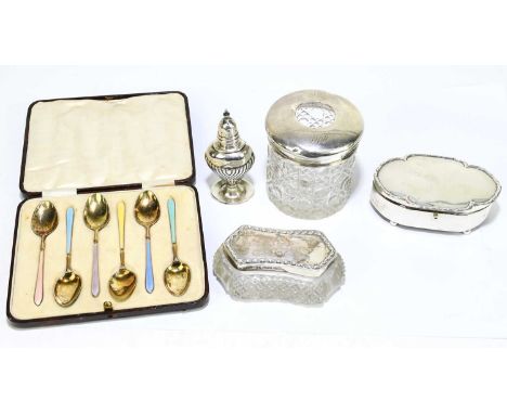 WILLIAM SUCKLING; a cased set George V hallmarked silver gilt and enamel teaspoons, Birmingham 1931, together with a hallmark