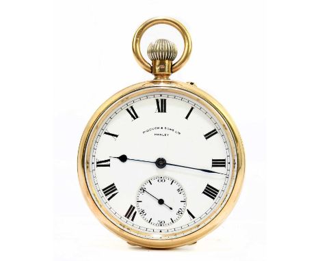 PIDDUCK &amp; SONS LTD, HANLEY; a 9ct gold cased crown wind pocket watch, the enamel dial set with Roman numerals and subsidi