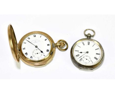 A gold plated full Hunter quarter repeating crown wind pocket watch with Roman numerals to the white enamel dial, signed 'Tho