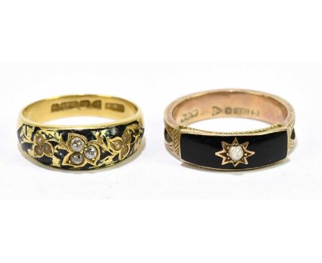 A 15ct yellow gold black enamel, diamond, and seed pearl decorated mourning ring, size O, approx. 3.9g, and a 9ct rose gold b