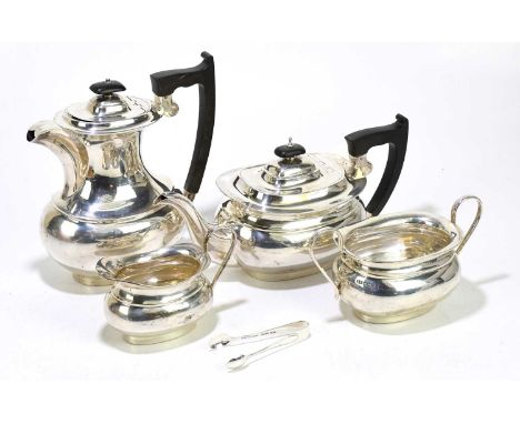 VINERS; a George V hallmarked silver three piece tea service of oval form, Sheffield 1932, together with a similar teapot by 