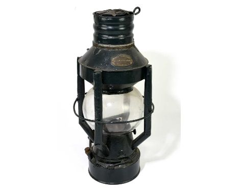THE HUMBER SHIPWRIGHT CO, ST ANDREWS DOCK, HULL; a vintage painted metal and brass dock lamp with oval maker's label and sphe