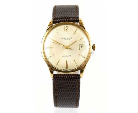 J. W. BENSON; a gentleman's 9ct gold automatic wristwatch with Arabic and baton numerals and date aperture, the back of the c