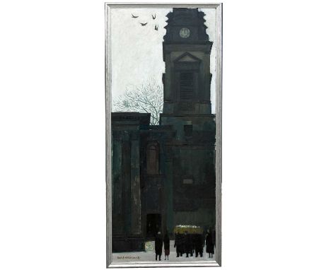 † DEREK WILKINSON (1929-2001); oil on board, 'Funeral, Stockport', signed and dated 1961 lower left, 93 x 37.5cm, framed.