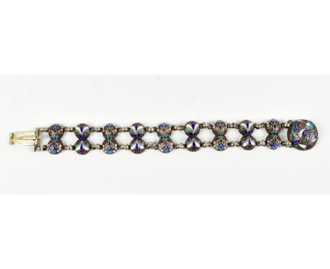 MICHAEL KRIVANOGOV (PROBABLY); a Russian silver and enamel bracelet set with floral and jewelled detail, impressed marks, len