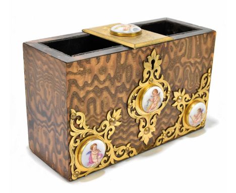 A Victorian gilt metal mounted desk tidy of rectangular form, possibly satin ash, with four applied porcelain roundels of che