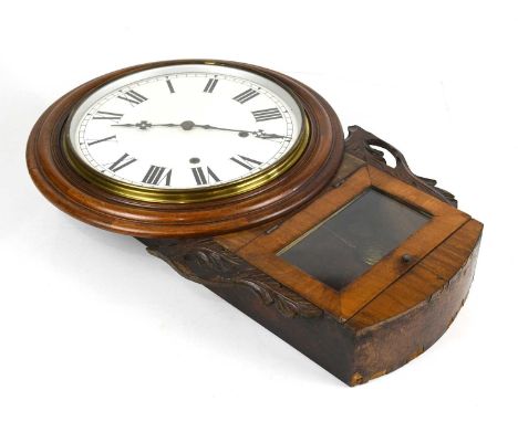 A 19th century mahogany drop dial wall clock, with enamel Roman numeral dial, height 60cm.