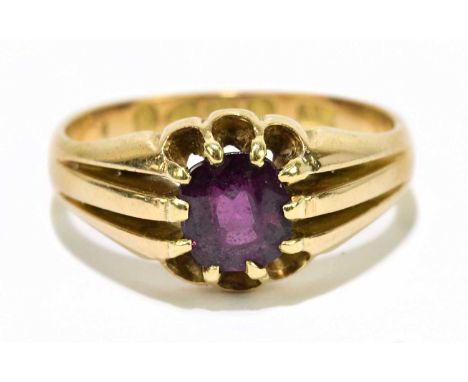 An 18ct yellow gold and ruby solitaire ring, hallmarked for Chester, 1897, size P, approx. 6.4g.